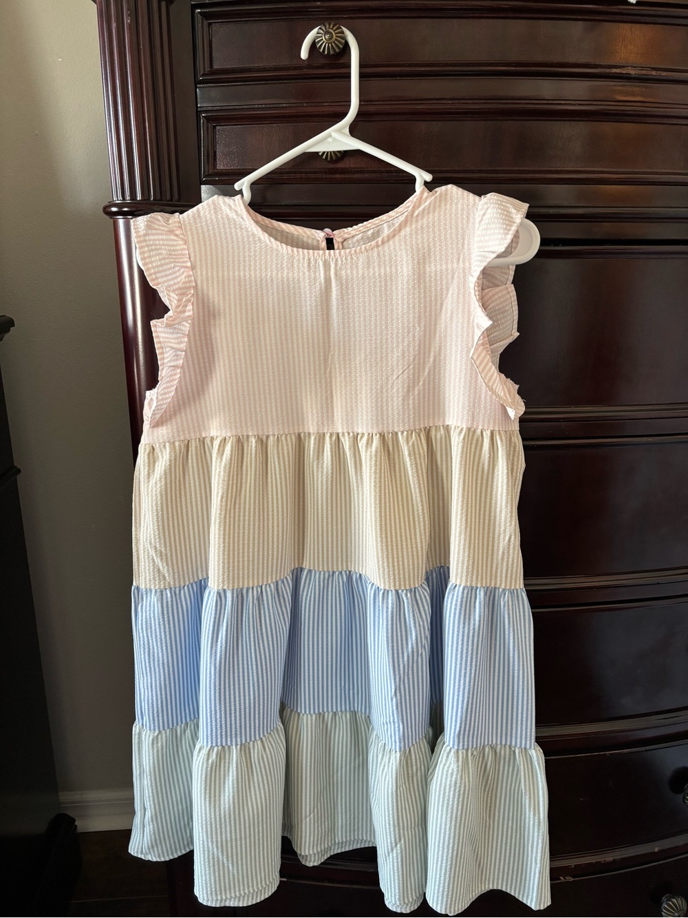 SHEIN Pink, Cream & Blue Tiered Ruffle Sleeve Dress